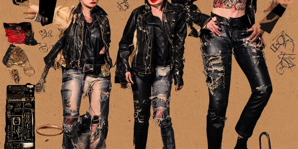 Image similar to young debbie harry as a wanderer with tattooed arms and legs wearing a scratched leather and ripped aviator leather jeans, wearing a short black jacket with rusty medals on it, character sheet, head details, props, concept design, contrast, kim jung gi, greg rutkowski, trending on artstation, 8 k, full body, turnaround, ultra wide angle, pincushion lens effect