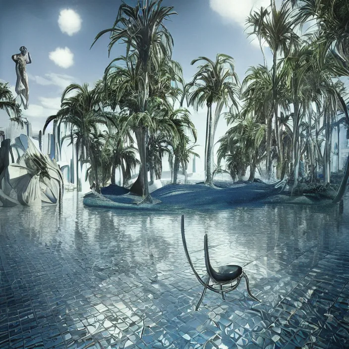 Image similar to hyperrealistic geometric objects in a surreal minimalistic 8 0's dreamscape environment by salvador dali, enormous chrome man, highly detailed, 3 d render, octane, beautiful lighting, photorealistic, intricate, elegant, wayne barlowe, water, mirrors, doorway, beautiful, masterpiece, trending on artstation, artgerm, checkered floor, palm tree