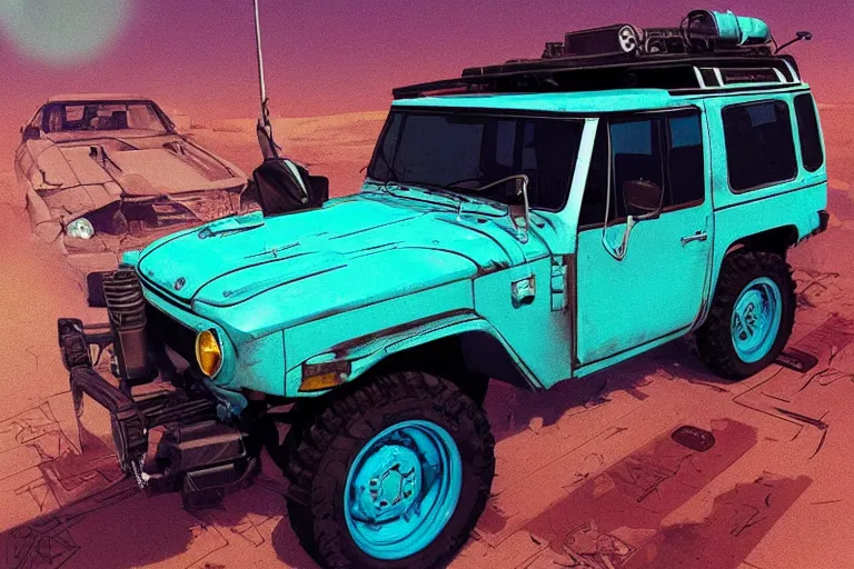 Image similar to digital illustration of a futuristic faded cyan mad max's fj 4 0 decrepit!!!! pursuit special, rusty!!! cyberpunk nissan fj cruiser heavily modded 1 9 9 0 s, the last v 8 interceptor by makoto shinkai, ilya kuvshinov, lois van baarle, rossdraws, basquiat