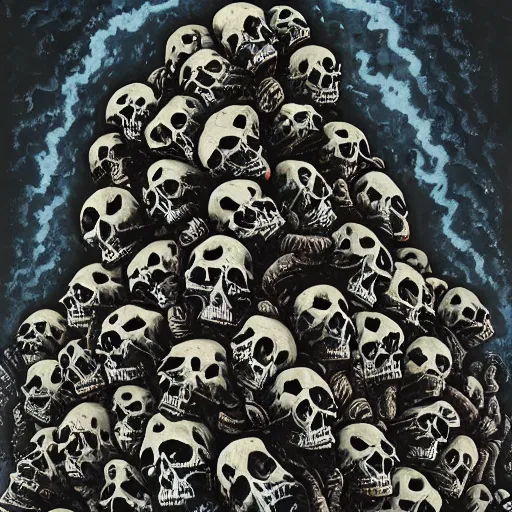 Image similar to vertical pile of 3 skulls vomiting black tar, collective hive mind by tarkofsky