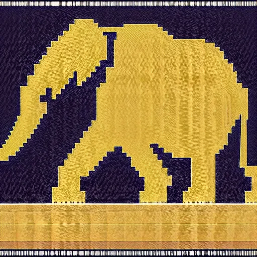 Prompt: a pixelated 1 bit elephant, infront of the elephant is a pixelated 1 bit golden sword.