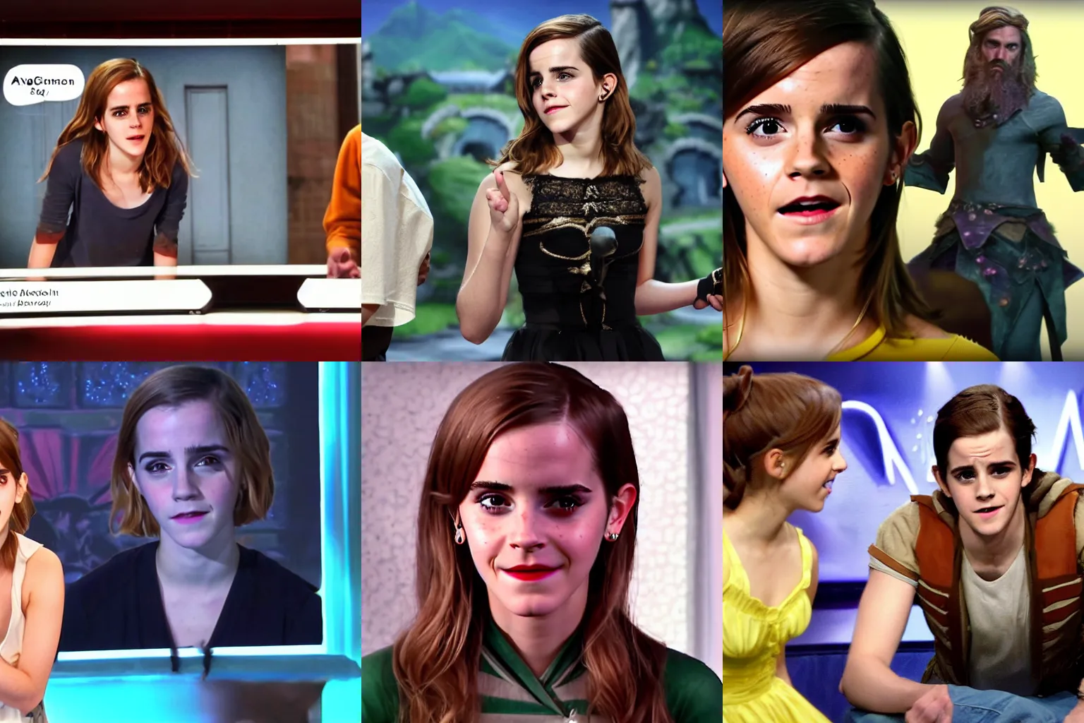 Prompt: Emma Watson as Asmongold in a skit about Twitch streaming. soft studio lighting, award-winning SNL skit.