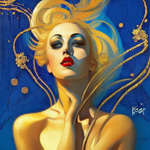 Image similar to a woman with blue and gold hair, an art deco painting by karol bak, featured on cgsociety, gothic art, poster art, art deco, tarot card