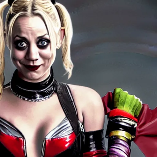 Image similar to A still of Kaley Cuoco as Harley Quinn