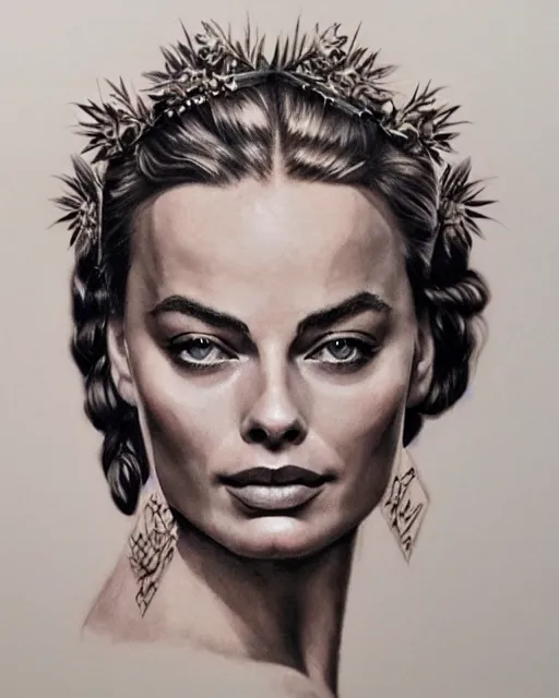 Image similar to realism tattoo sketch of margot robbie as a beautiful greek goddess aphrodite with piercing eyes wearing a laurel wreath and triangle earrings, in the style of greg rutkowski, amazing detail