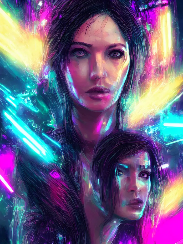 Prompt: Portrait, digital art, tarot style, a single woman with cyberpunk implants neon bright, complex neural pathways, realistic, ultra detailed, royalty, wlop style, antview, 4k, wallpaper,