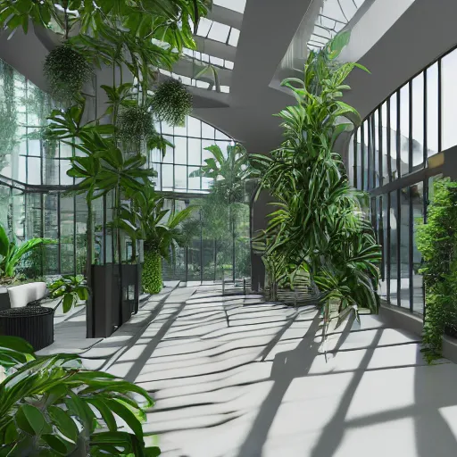 Image similar to The atrium of a refurbished contemporary building filled with tropical plants, 4k, octane render, vray render, 3ds max, concept art