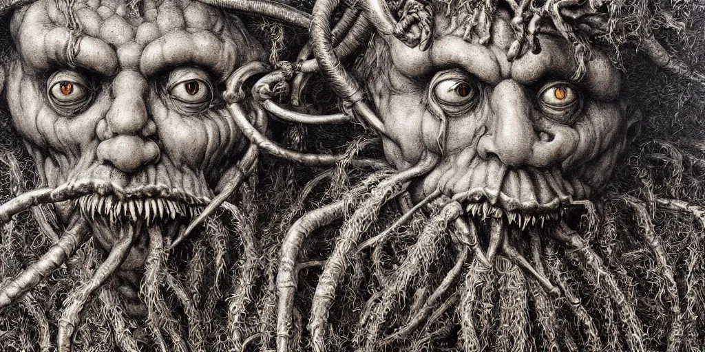 Image similar to detailed realistic krampus tyrolean farmer hay monster face portrait by jean delville, gustave dore, iris van herpen and marco mazzoni, art forms of nature by ernst haeckel, art nouveau, symbolist, visionary, gothic, neo - gothic, pre - raphaelite, fractal lace, biodiversity, surreality, hyperdetailed ultrasharp octane render