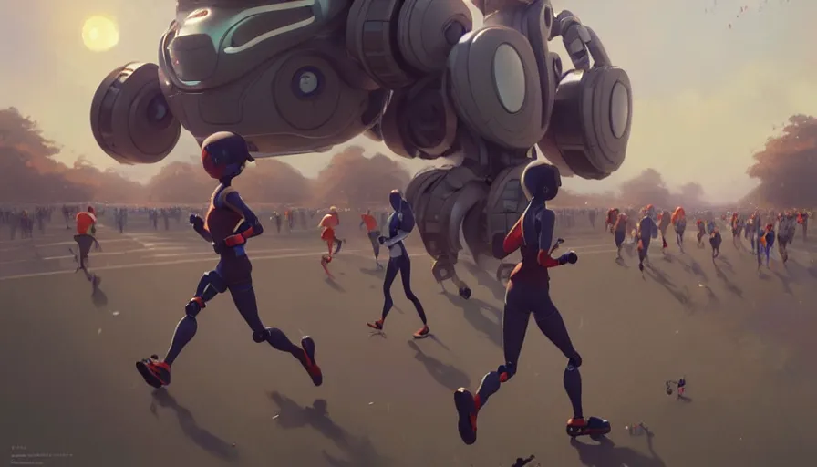 Image similar to running robots in a marathon, digital painting, illustration by pixar and artgerm and greg rutkowski and makoto shinkai, artstation