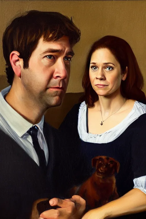 Image similar to portrait painting of jim halpert and pam beesly, in the style of caravaggio