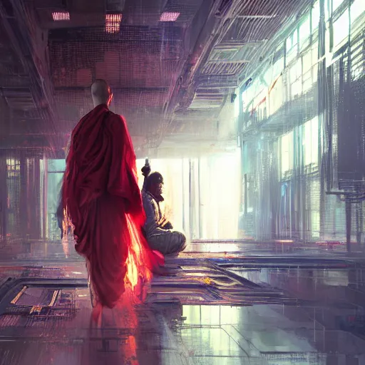 Prompt: highly detailed portrait of a cyberpunk hacker dressed as a buddhist monk in a futuristic buddhist temple by wadim kashin, dark colors, high contrast