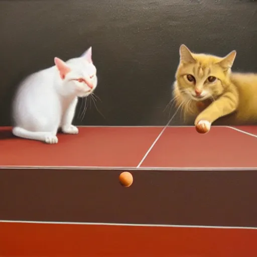 Image similar to Dos gatos jugando al ping pong sobre fondo naranja, oil painting