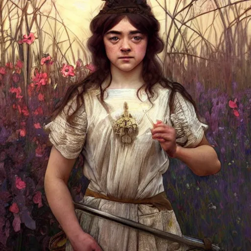 Image similar to maisie williams as beautiful natural coy cottagecore goddess maiden, master life drawing, intricate, elegant, highly detailed, digital painting, artstation, concept art, smooth, sharp focus, illustration, art alphonse mucha and james gurney and marc simonetti and wlop