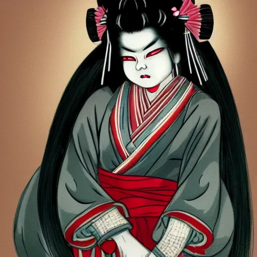 Prompt: full body photo of demon geisha, beautiful, scary, yokai, cinematic, high detail,