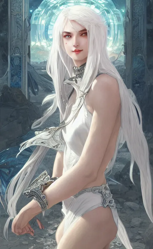 Image similar to portrait white hair knights of zodiac girl, sliver ice color reflected armor, in ruined agora of athens sunrise, ssci - fi and fantasy, intricate and very very beautiful and elegant, highly detailed, digital painting, artstation, concept art, smooth and sharp focus, illustration, art by tian zi and wlop and alphonse mucha