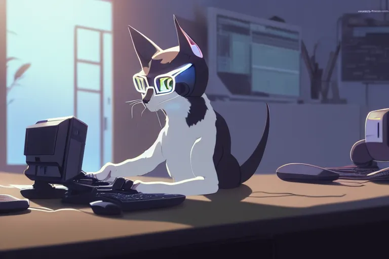 Prompt: a nerdy caracal is programming at a computer in a room full of gadgets, by makoto shinkai and ghibli studio, dramatic lighting, highly detailed, incredible quality, trending on artstation