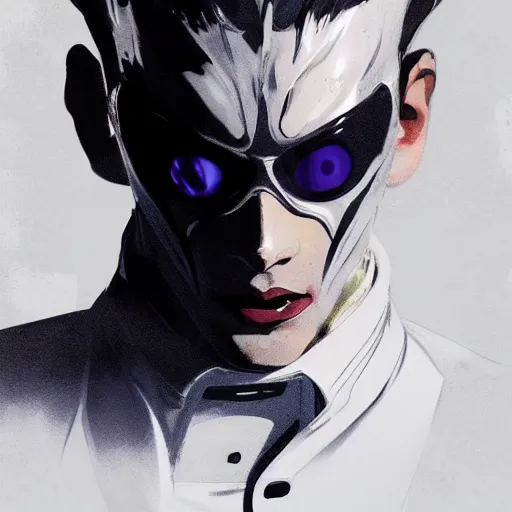 Prompt: full body portrait of a male character in sleek clothes, in a futuristic flowing white tailcoat, wearing a white mask with five round lenses for eyes, many eyes, dramatic lighting, illustration by Greg rutkowski, yoji shinkawa, 4k, digital art, concept art, trending on artstation