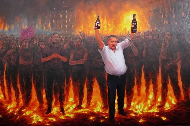 Image similar to viktor orban drinking beer and cheering at the apocalyse in front a burning city, highly detailed eyes, oil on canvas