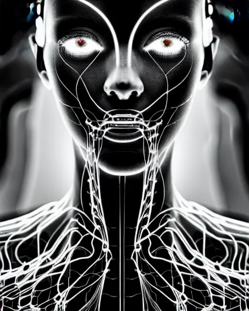 Image similar to black and white cyborg-plant goddess high quality photo, microchip, artificial intelligence, bio-mechanical bio-luminescence, black wired cables, neurons, nerve cells, octane render, cinematic, rim light, hyper realism, photo-realistic, high detail, 8k, masterpiece, high fashion, in the style of Steven Meisel and Dora Maar and H.G. Giger