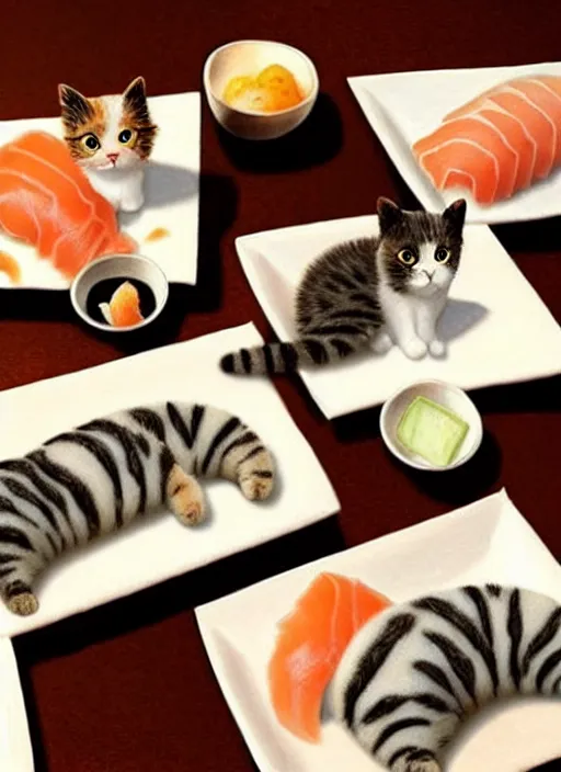 Image similar to clear photorealistic picture of adorable cats made out of sushi