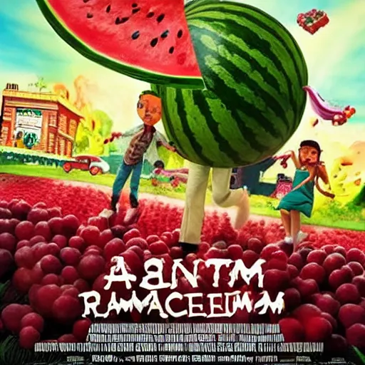 Image similar to a giant watermelon rampage town , movie poster