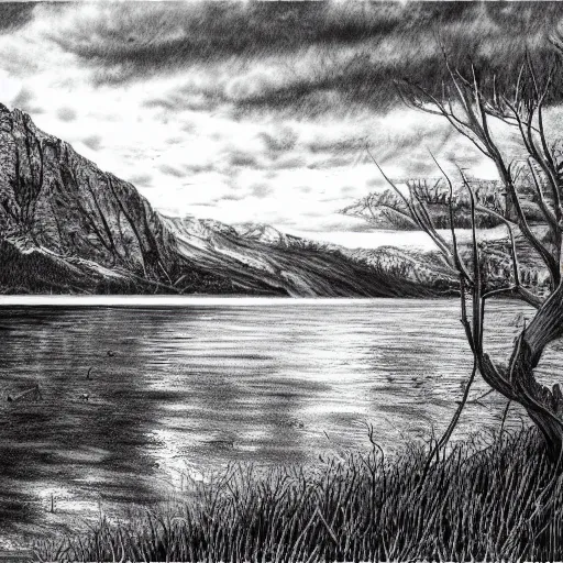 Image similar to lago di sorapis, hyper - realistic black and white drawing, hyper detailed, in the style of den yakovelv