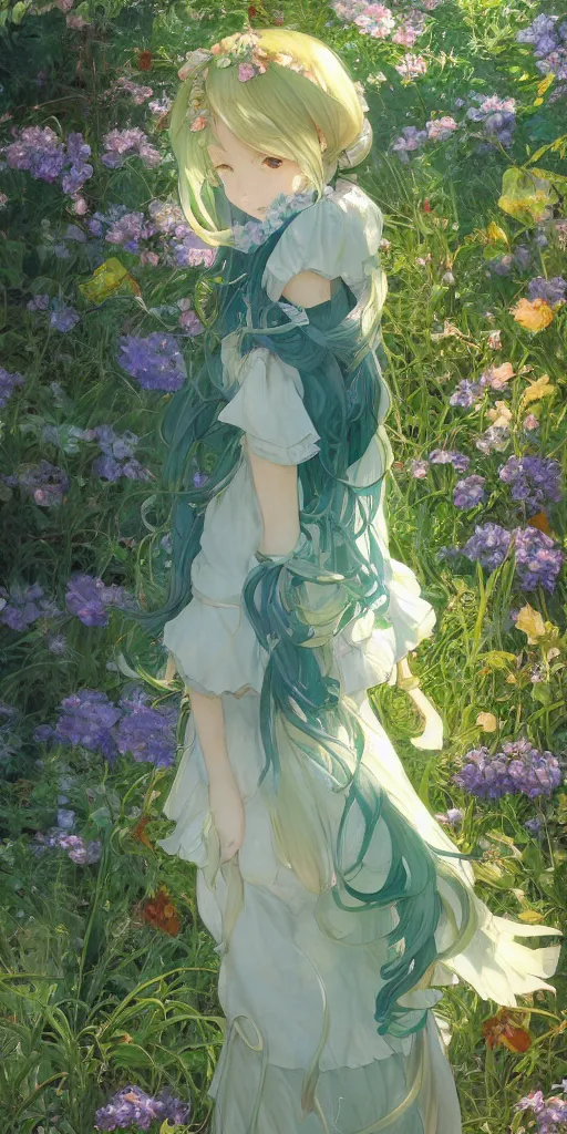 Image similar to a digital art of a loli with long hair in a dress in the privet garden at after noon, green and warm theme, blue flowers, low angle, back lighting, by krenz cushart and mucha and akihito yoshida and greg rutkowski, highly detailed, 4 k resolution, trending on art station