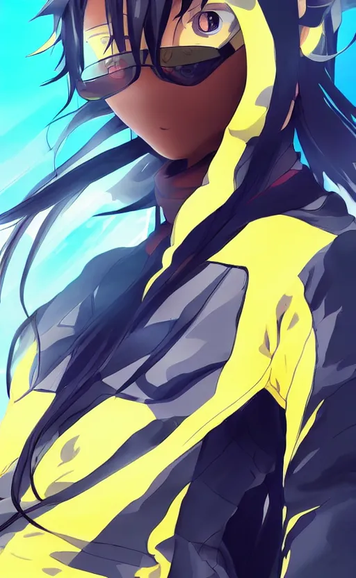 Prompt: character design, manga style, realistic lighting, futuristic solid colors, made by nakaaki masashi, safebooru, from arknights, female beach volley player, elegant, futuristic yellow lens, sport clothing, simple background