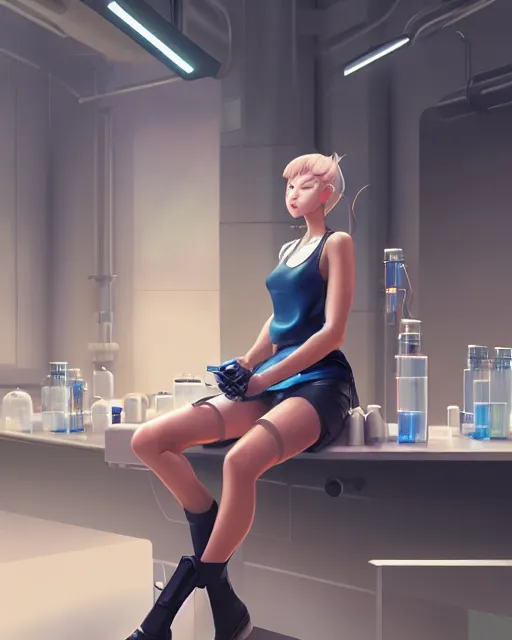 Prompt: concept art of a sleek robotic girl sitting in a lab, wearing a tank top | | cute - fine - fine details by stanley artgerm lau, wlop, rossdraws, and sakimichan, trending on artstation, brush strokes