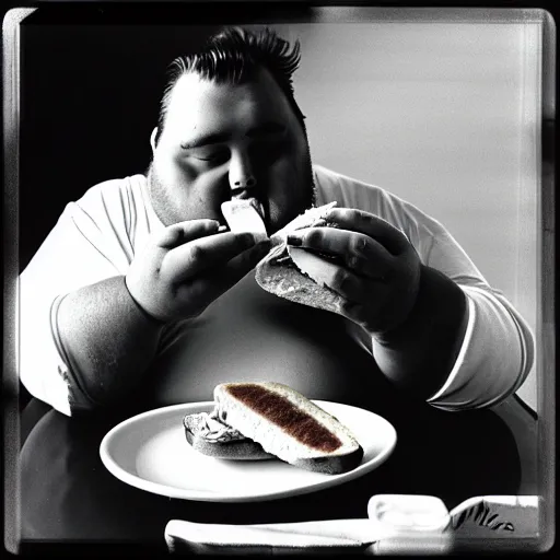 Image similar to a black and white film photograph of a fat man eating a sandwich. holga, lomo, lomography, retro, toy camera, film, tri - x, plus - x, vintage