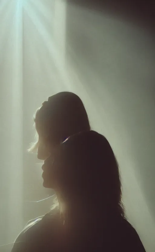 Image similar to sunlight study photography of emily skinner, looking like annie leonhart, standing next to a window illuminating her with god rays, volumetric fog, smoke, depth of field