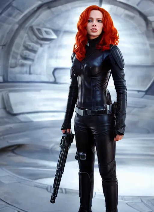 Prompt: scarlett johanson portraying a beautiful mara jade from star wars legends, in a black suit, without lightsaber, movie, hyper realistic, hollywood promotional image, imax, 8 k