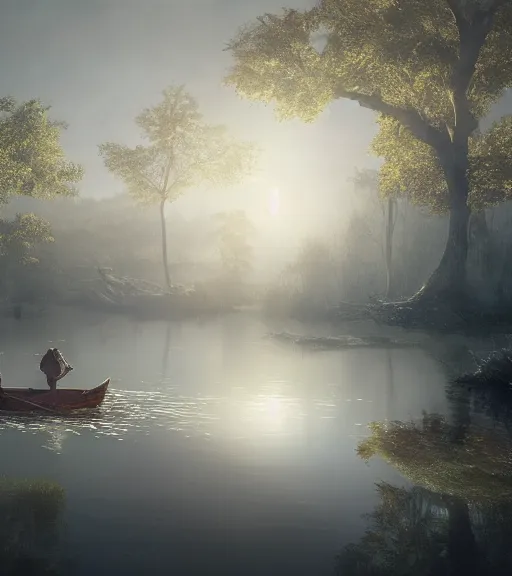 Prompt: three crows in a little boat in a swamp, volumetric lighting, fog, majestic light, octane render, ethereal glare of the sun, hyperrealistic, epic, masterpiece, by greg rutkowski