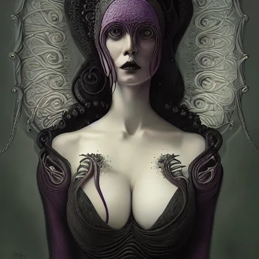 Image similar to by tom bagshaw, photorealistic body shot of a curiosities and absurdities in ultra deep fog, curvy full gothic long dress made of infinite tentacles, purple black lustrous thin haircut, symmetry accurate features, focus, very intricate ultrafine details, award winning masterpiece