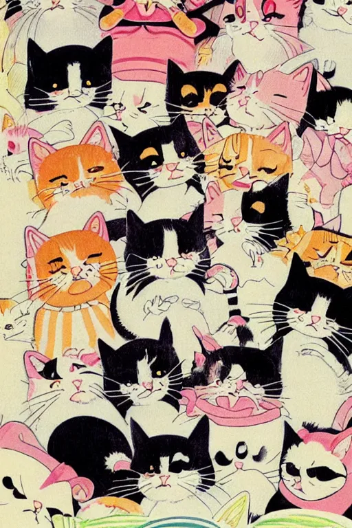 Piles Of Cats Kawaii Japanese Illustration 1980s Stable Diffusion