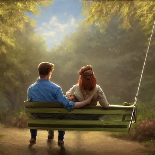 Image similar to a couple sitting on a swing together, blurred backround, back profile, beautiful, digital painting, artstation, concept art, soft light, hdri, smooth, sharp focus, illustration, fantasy, intricate, elegant, highly detailed, D&D, matte painting, in the style of Greg Rutkowski and Alphonse Mucha and artemisia, 8k, highly detailed, jurgens, rutkowski, bouguereau, pastoral, rustic, georgic