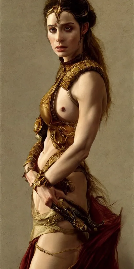 Prompt: the portrait of emanuelle beart as amazon in intricate dress by roberto ferri, fantasy, witcher, very detailed oil painting, masterpiece, 8 k