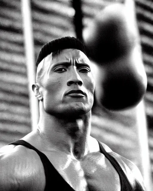 Image similar to Film still close-up shot of Dwayne Johnson as Rocky Balboa from the movie Rocky. Photographic, photography