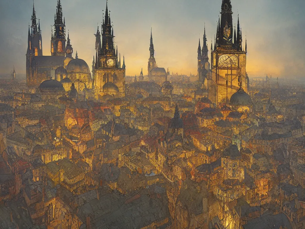 Image similar to a bell jar containing a city resembling prague, paris, and venice at dusk, intricate, elegant, highly detailed, digital painting, artstation, concept art, smooth, sharp focus, colored illustration for tattoo, art by krenz cushart and artem demura and alphonse mucha,