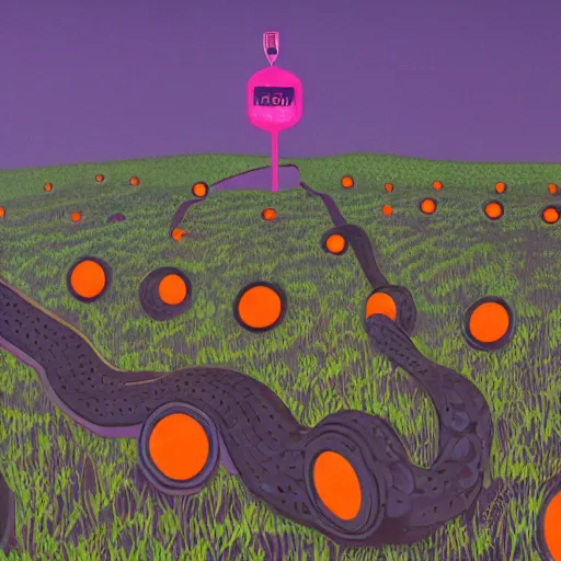 Prompt: a orange and black snake in purple field simon stalenhag high detail