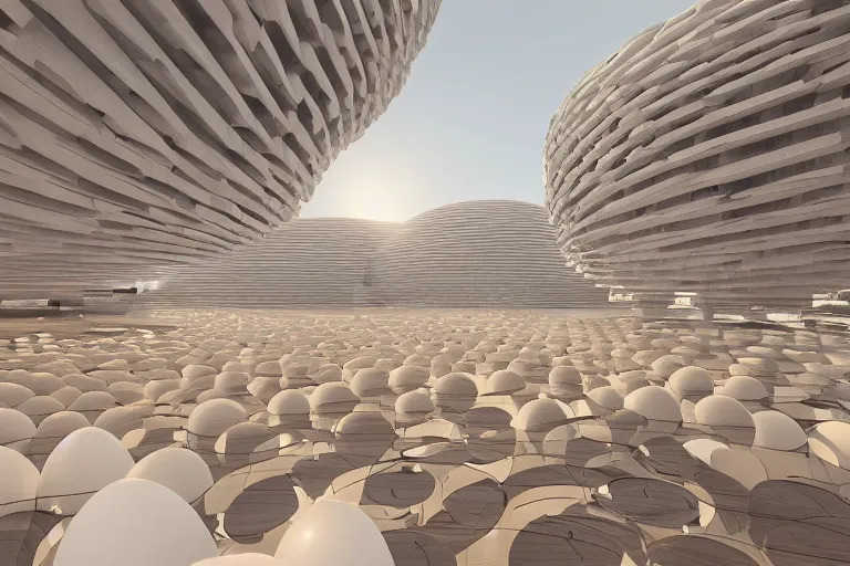 Prompt: 2 0 white round soft egg shaped buildings intersect up and down to form a post - modern building, by pierre bernard, on the calm lake, people's perspective, future, interior wood, dusk, unreal engine highly rendered, global illumination, radial light, internal environment