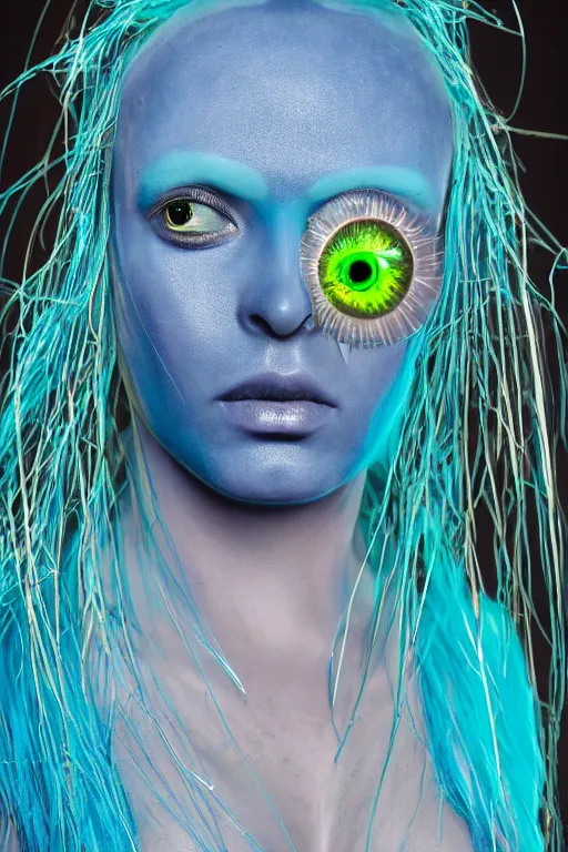 Image similar to beautiful portrait of a blue alien woman with 4 insect eyes, wearing an outfit made from plutonium, silicone skin, symmetrical face, piercings resembling plasma jets, the 5 th element, cinematrographic, elegant, soft shapes, sharp details, 3 5 mm, f / 2 4