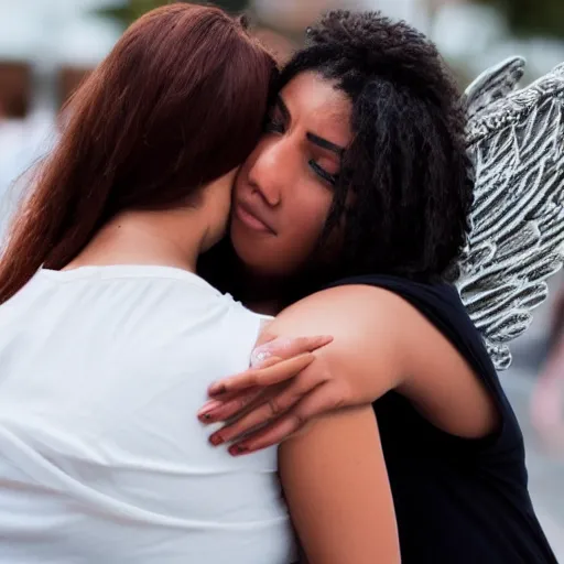 Prompt: photo of beautiful angel comforting a woman