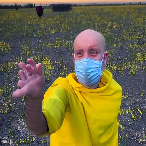 Image similar to 2 0 2 2 last selfie of last alive of frightened funny ukrainian in yellow and blue clothes, trying to escape, badly injured from radiation to bones from a huge nuclear explosion at background, dead bodies everywhere