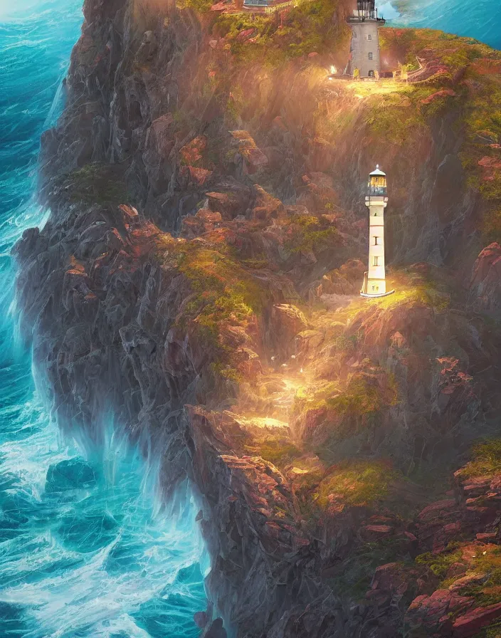 Image similar to fantasy painting of a lighthouse on the edge of a cliff overseeing a vast ocean, complex, detailed, intricate abstract. delicate artwork. by Tooth Wu, wlop, beeple, dan mumford. octane render, trending on artstation, greg rutkowski very coherent symmetrical artwork. cinematic, hyper realism, high detail, octane render, 8k, depth of field, bokeh. chrome accents.