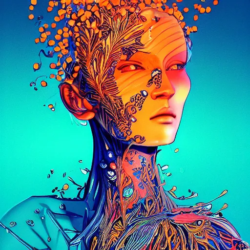 Image similar to the head of an incredibly gorgeous woman partially made of carrots and blueberries looking down, an ultrafine detailed illustration by james jean, final fantasy, intricate linework, bright colors, behance contest winner, vanitas, angular, altermodern, unreal engine 5 highly rendered, global illumination, radiant light, detailed and intricate environment