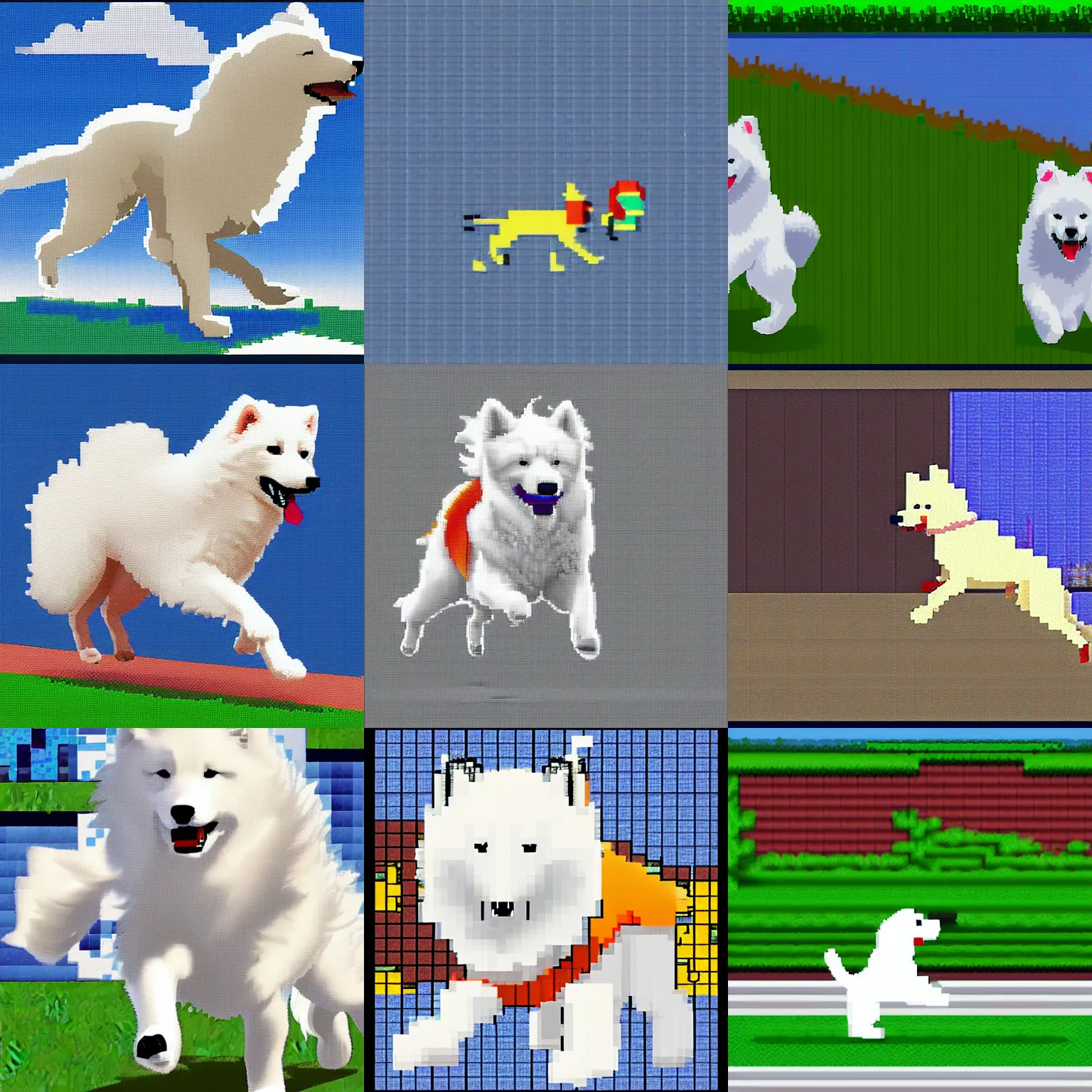 Prompt: samoyed running to the right, pixel art