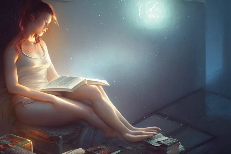 Image similar to breathe into euphoria, a girl reading a book, altered carbon, dreamy ethereal vibe, atmospheric, detailed intricate render, fibbonacci, detailed illustration, hd, 4 k, digital art, overdetailed art, surrealistic, by greg rutkowski, by loish, laura sava, slavic traditional trending on artstation, deviantart