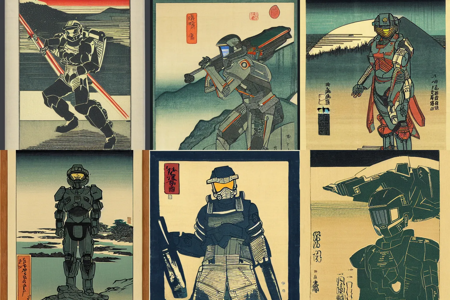 Prompt: Master Chief, woodblock print by Hiroshige