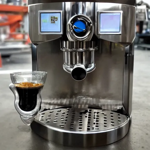 Image similar to an industrial coffee machine with metal plates and pipes